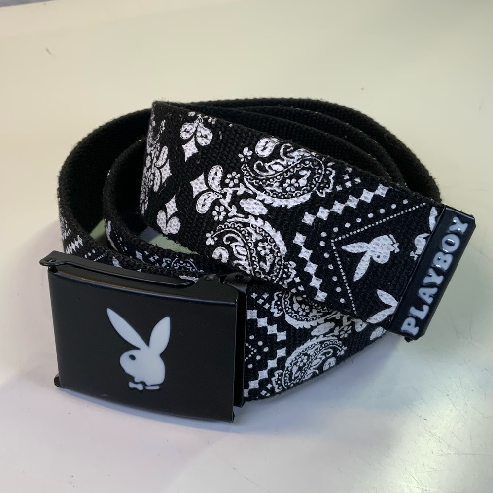 Playboy Black & White Bunny Print Web Belt Unisex Logo Buckle. One Size